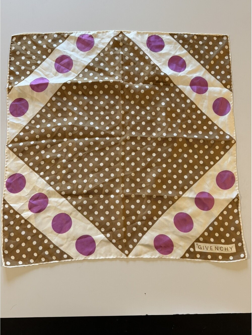 Vintage Givenchy Silk Style Scarf 23” Square Brown Purple Polka Dot Geometric